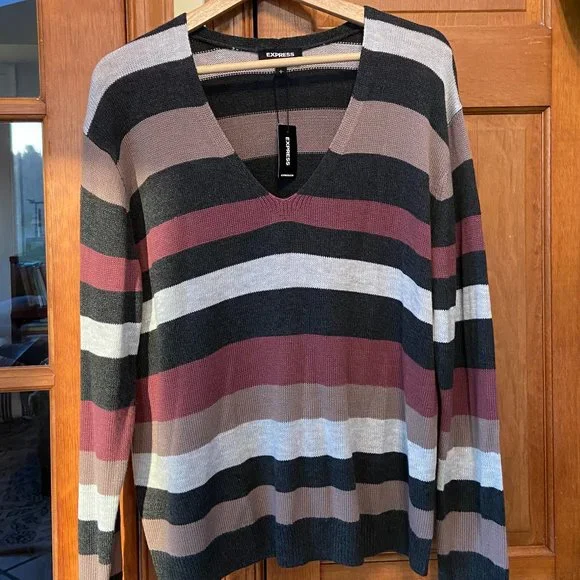 Express NWT stripped V-neck sweater, Size L - Picture 2 of 4